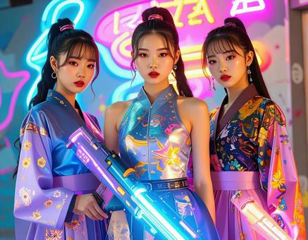 近未来的な韓服風衣装を着た3人グループの写真