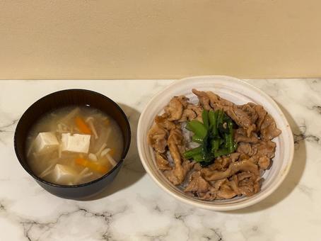 Pork bowl and miso soup, JPG
