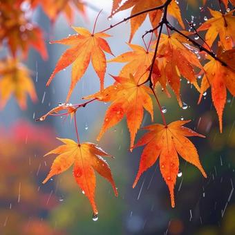 雨の中のもみじ 秋の紅葉 雨の中のもみじ 秋の紅葉の写真