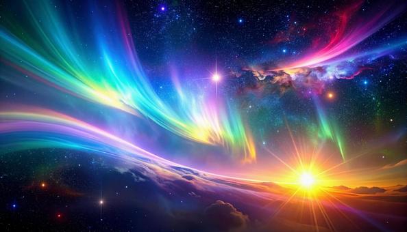 宇宙に輝く虹色の光 宇宙に輝く虹色の光の写真