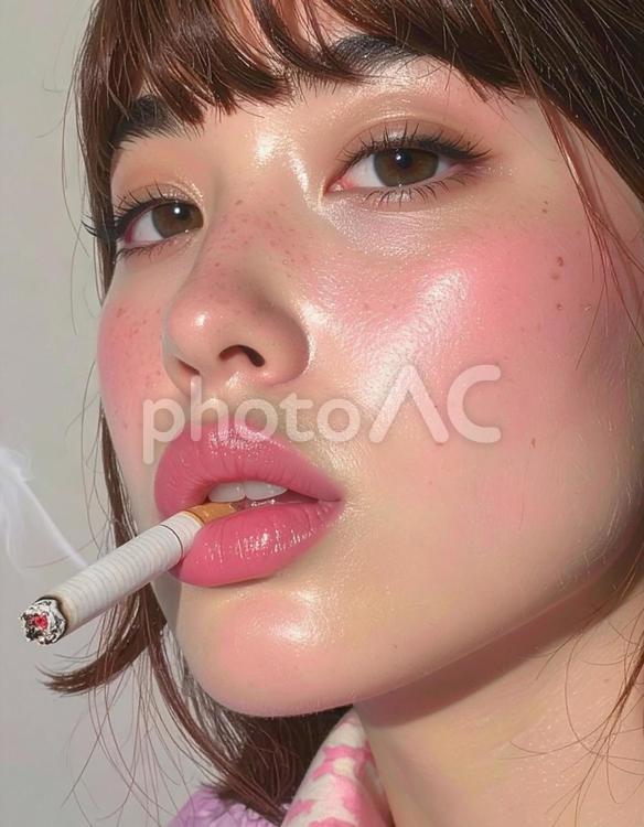 タバコを咥えた女性の口元 タバコ,女性,唇の写真素材