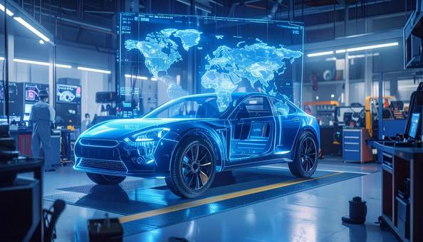 車にホログラムが投影されている整備工場の写真