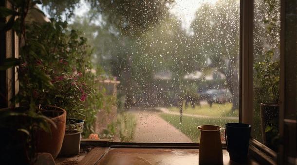 雨粒越しの住宅街の景色・濡れた風景・梅雨 雨粒越しの住宅街の景色・濡れた風景・梅雨の写真
