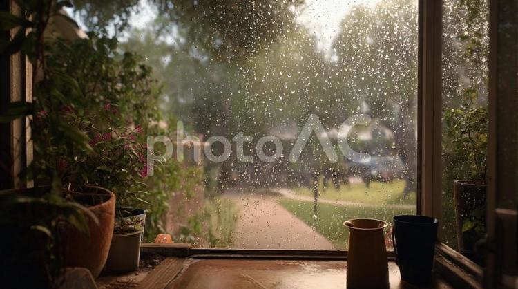 雨粒越しの住宅街の景色・濡れた風景・梅雨 雨,雨粒,窓の写真素材