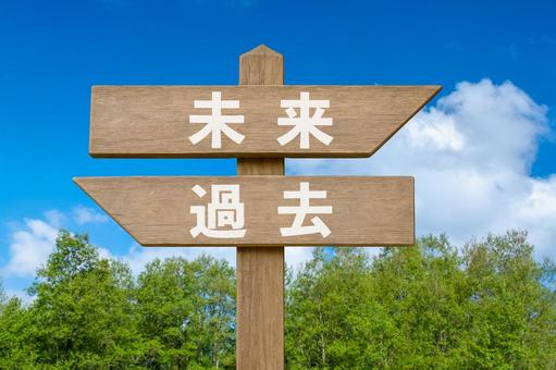 道しるべと新緑の林と青空（未来・過去） 道しるべ,青空,二択の写真素材