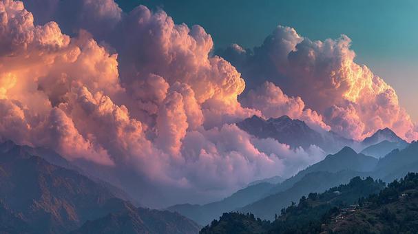 夕日に輝く巨大積乱雲:雄大な山岳風景 夕日に輝く巨大積乱雲:雄大な山岳風景の写真