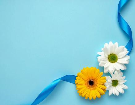 水色背景に花と青いリボン 水色背景に花と青いリボンの写真