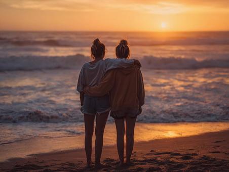 夕焼けの海を見つめる二人 夕焼けの海を見つめる二人の写真