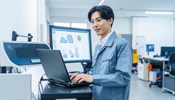工場の三次元測定機を使う作業服の男性 工場の三次元測定機を使う作業服の男性の写真
