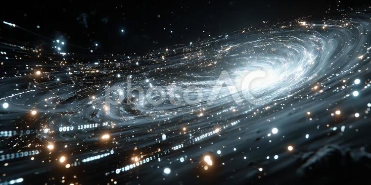 発光粒子のデータストリームの渦 バイナリコード,粒子,渦の写真素材