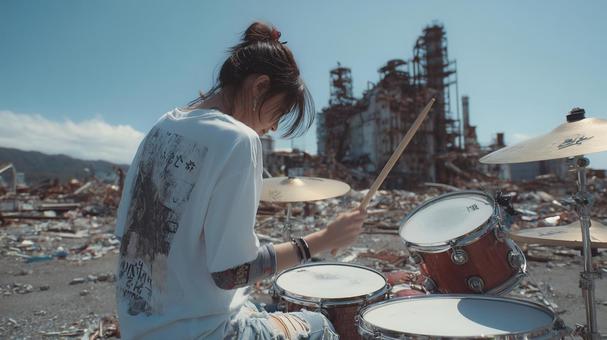廃工場を背景に力強くドラムを叩く女性 廃工場を背景に力強くドラムを叩く女性の写真