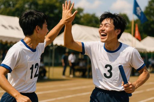 走り終えた仲間とハイタッチする高校生 走り終えた仲間とハイタッチする高校生の写真