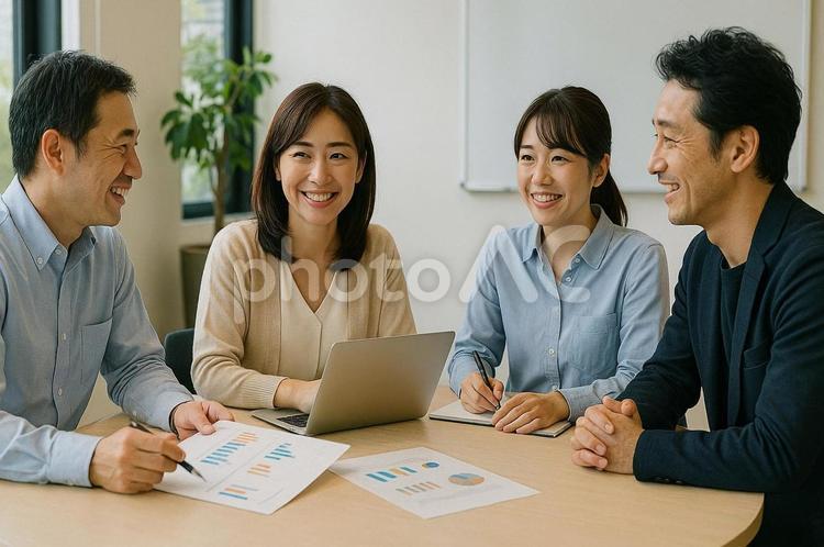 テーブルを囲んで会議をする会社員 会議,会社員,サラリーマンの写真素材