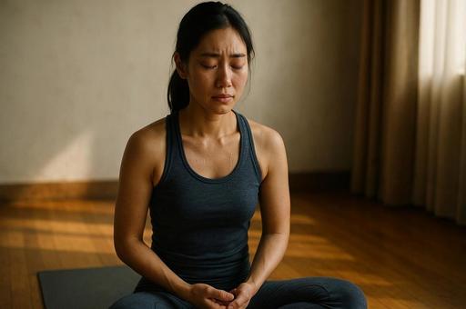 瞑想中に涙する女性 瞑想中に涙する女性の写真
