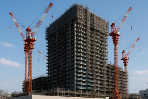 高層マンションの建設現場 高層マンションの建設現場の写真