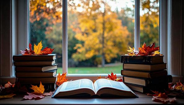 読書の秋 机の上の本 落ち葉の紅葉 読書の秋 机の上の本 落ち葉の紅葉の写真