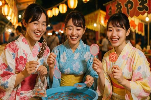 夏祭り浴衣と金魚すくい 夏祭り浴衣と金魚すくいの写真