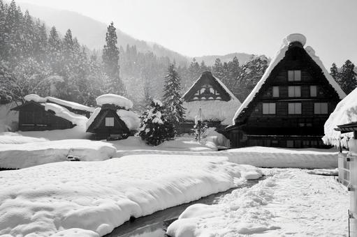雪の白川郷 雪の白川郷 白黒,合掌造り,世界遺産の写真素材