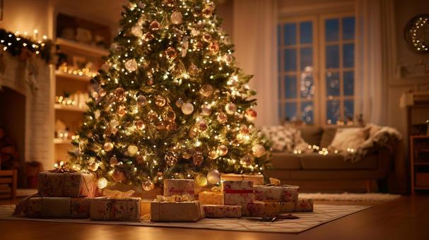 光に包まれたクリスマスツリーとプレゼントの写真
