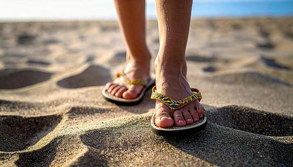 夏の終わり 砂浜をサンダルで歩く女の子 夏の終わり 砂浜をサンダルで歩く女の子の写真