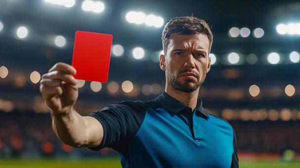 レッドカードを出す審判の写真