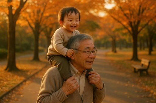 肩車される幼児と祖父の写真