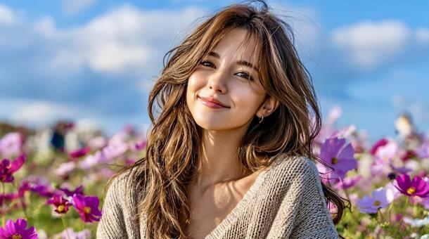 コスモス畑で微笑む女性の秋ポートレート コスモス畑で微笑む女性の秋ポートレートの写真