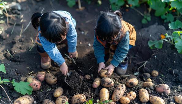 芋掘りする子供 芋掘りする子供の写真