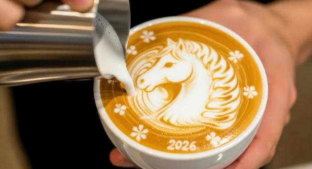 バリスタが描く馬のラテアート バリスタが描く馬のラテアートの写真