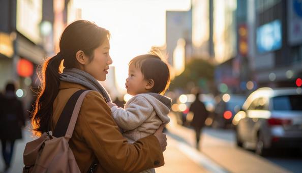 子供を抱っこして歩くシングルマザー 子供を抱っこして歩くシングルマザーの写真