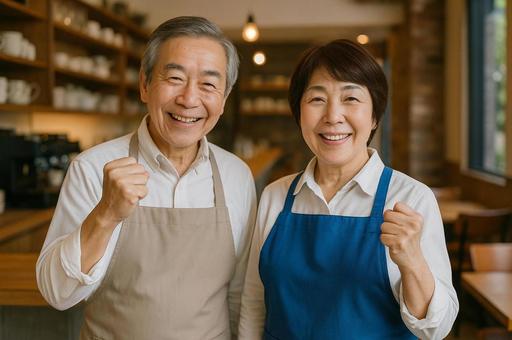 カフェで元気に働くシニアお年寄り カフェで元気に働くシニアお年寄りの写真