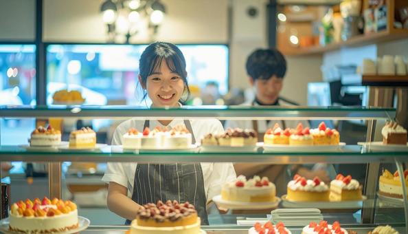 ケーキを陳列しているアルバイトをする女性の写真