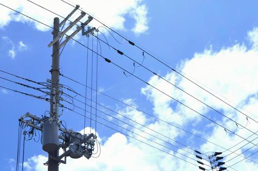 Photo, wire, telegraph pole, blue sky, 