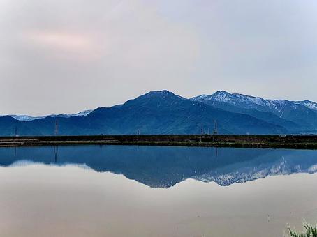 Photo, mountain, water surface, paddy field, 