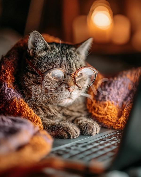 知的な雰囲気のメガネ猫のクローズアップ 猫,メガネ,ブランケットの写真素材
