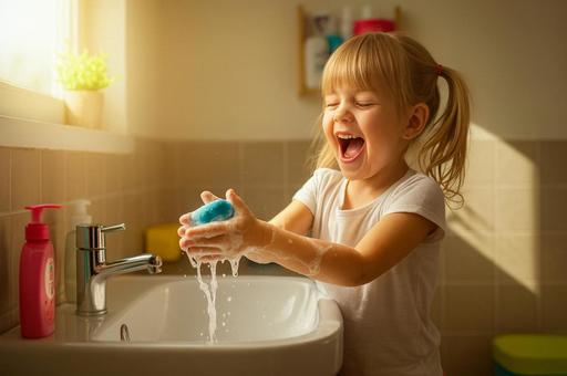 楽しく手洗いをする女の子 楽しく手洗いをする女の子の写真
