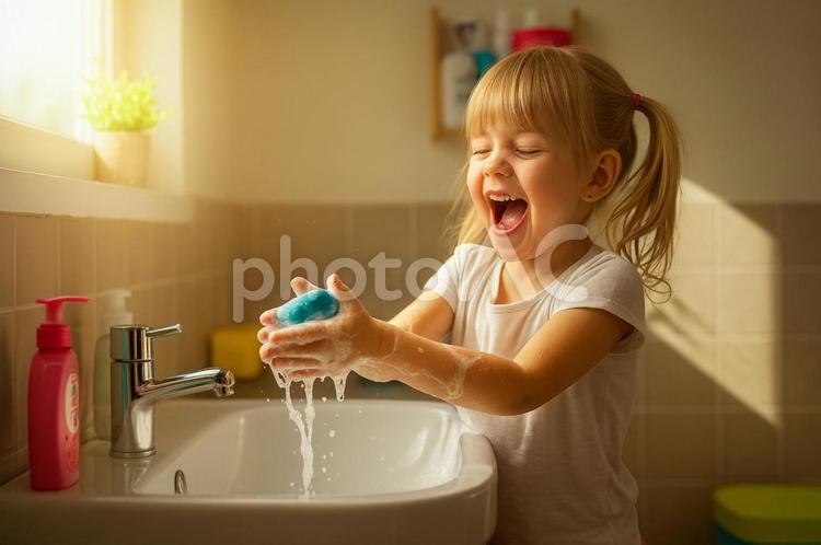 楽しく手洗いをする女の子 手洗い,女の子,子供の写真素材