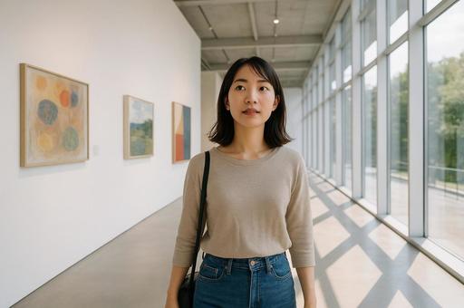 アートギャラリーに訪れた女性 アートギャラリーに訪れた女性の写真