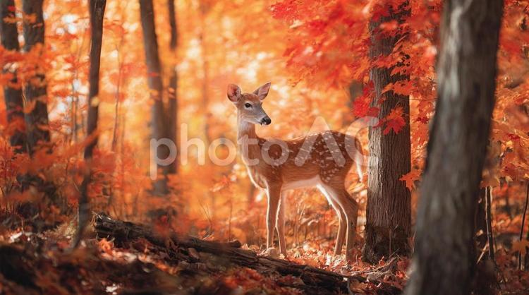 紅葉の森にたたずむ鹿・野生動物・観光素材 鹿,紅葉,森の写真素材