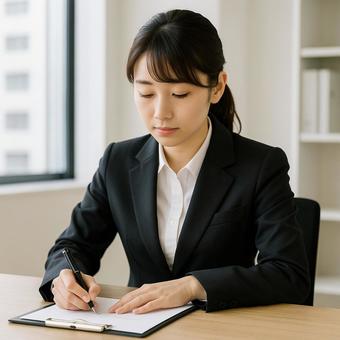 書類にサインをする新入社員の女性 書類にサインをする新入社員の女性の写真