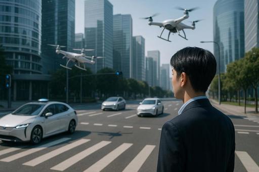 未来都市のドローンと車の写真