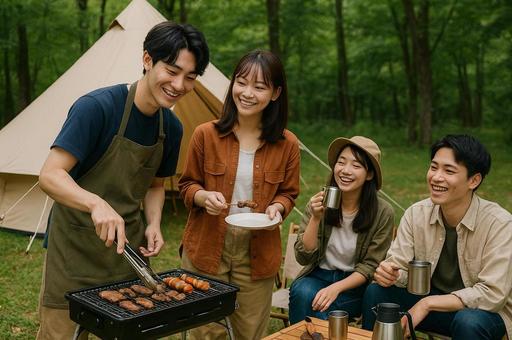男女混合グループでバーベキューの写真