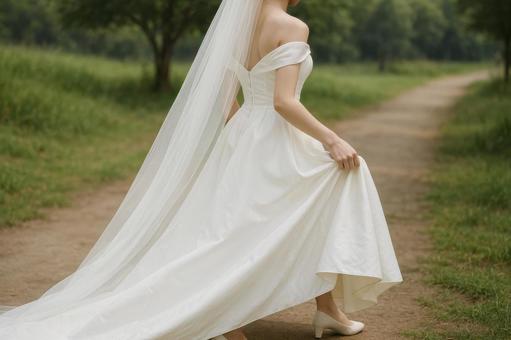 ドレスを持ち上げて歩く花嫁 ドレスを持ち上げて歩く花嫁の写真