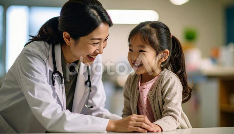 小さい女の子と話す笑顔の日本人女性医師 医師,子供,診察の写真素材