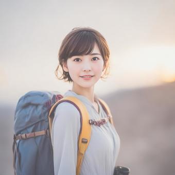 山登りに挑む女性 山登りに挑む女性の写真