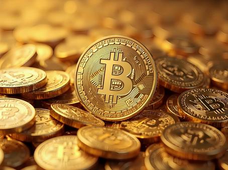 山積みされたビットコインの金貨 山積みされたビットコインの金貨の写真