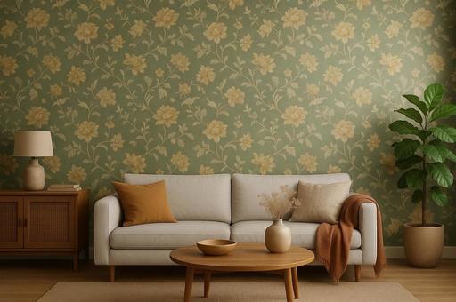 花柄の壁紙とリビング 花柄の壁紙とリビングの写真