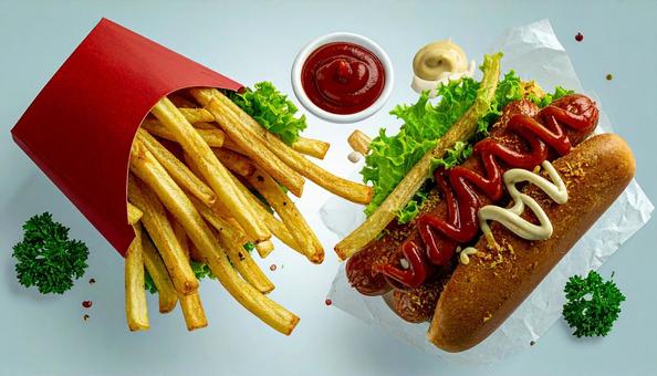 ケチャップつきフライドポテトとウインナー ケチャップつきフライドポテトとウインナーの写真