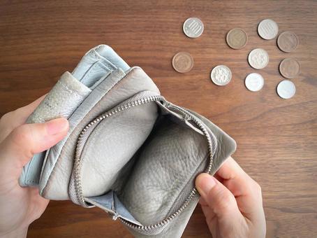 空っぽの財布を開ける女性の手と机上の小銭 財布,空っぽ,手の写真素材