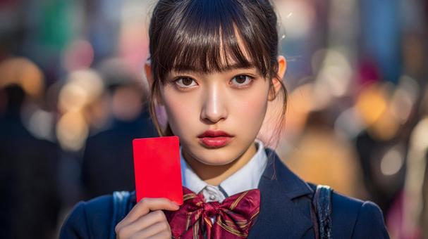 レッドカードを掲げる女子高生の写真